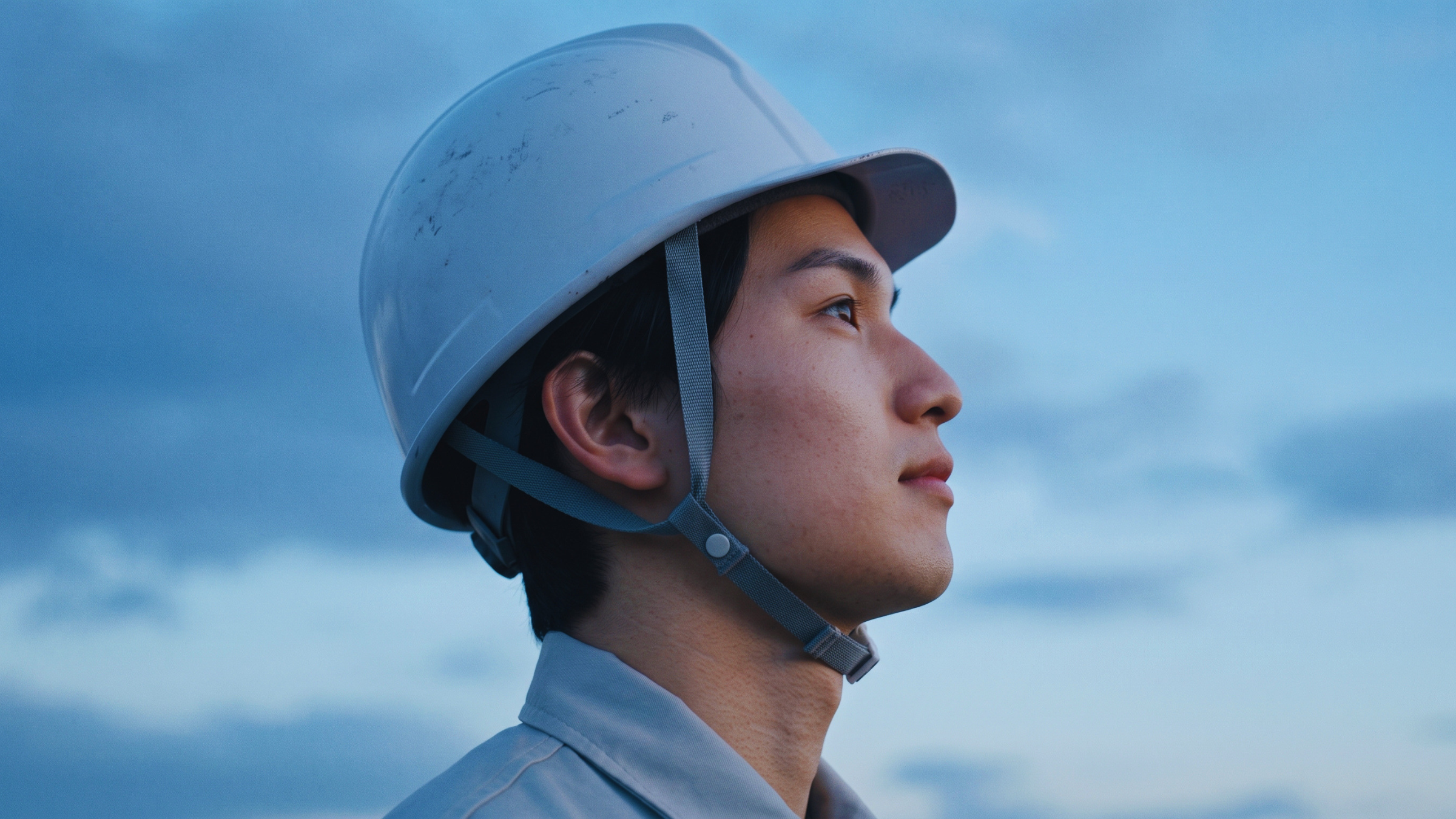 ヘルメットを着用し、前を見つめる現場作業員